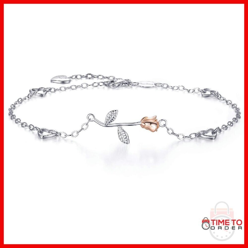 925 Sterling Silver Rose Flower Anklet Adjustable Ankle Bracelet